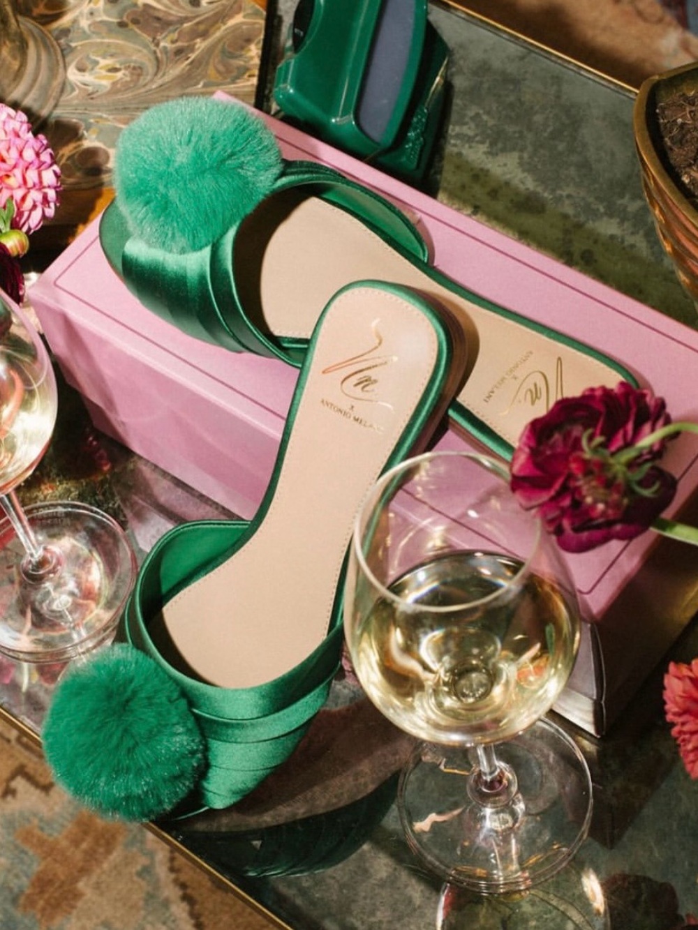 Antonio Melani The x Nat Note Olga Satin Pom Detail Slide Sandals